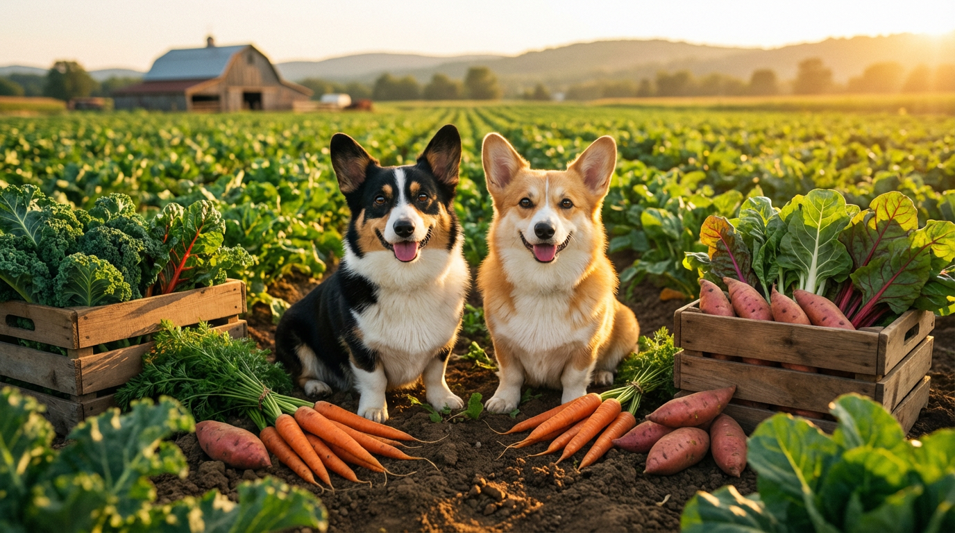 Two corgis on an organic farm